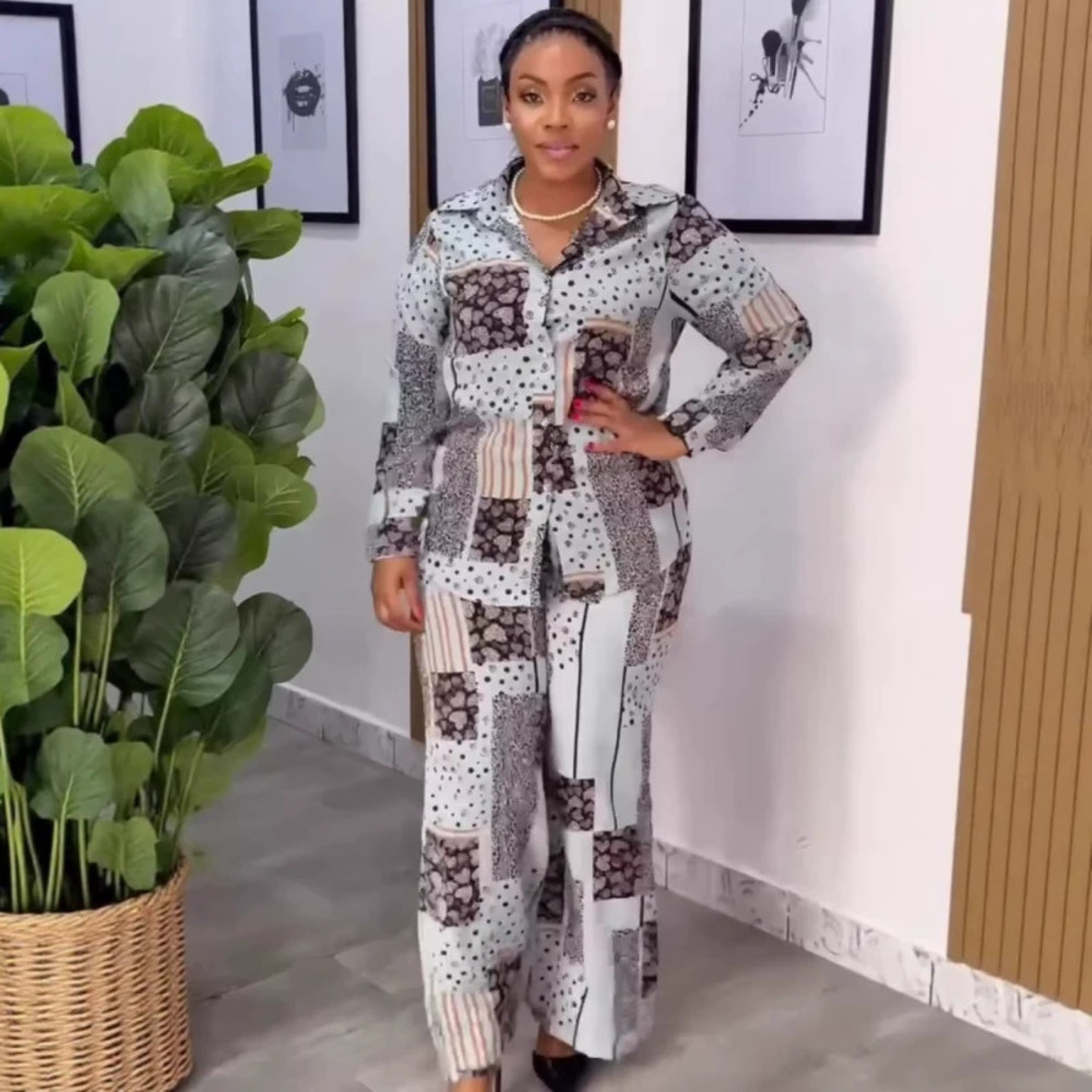 ZARA African Plus Size Loose Long Sleeve Collar Print Shirt and Casual Pants Set